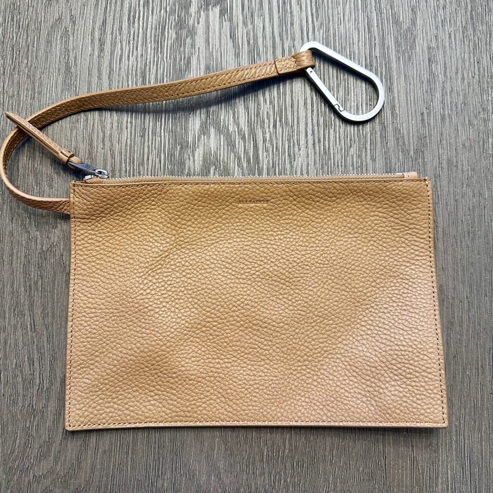 AllSaints Tan Pebbled Leather Pouch Clutch Bag Insert Odette Tote Organizer